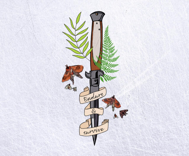 Illustration of Ellie’s knife from The Last of Us, with the quote 'Endure & Survive'