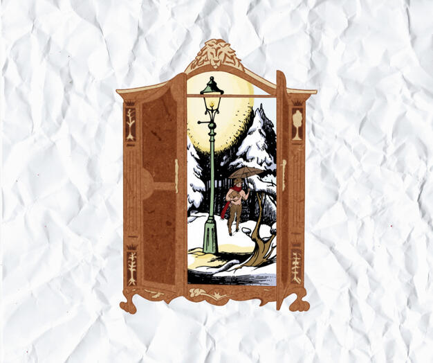 Illustration of the iconic Narnia wardrobe, intricately detailed with a magical, open door leading into a snowy, enchanted forest, capturing the fantasy and wonder of the Narnia world