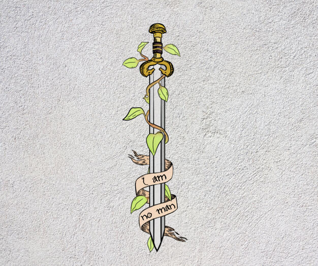 Illustration of Éowyn's sword from the 'I Am No Man' scene in The Lord of the Rings, featuring the iconic quote alongside delicate, scattered leaves for a mystical touch