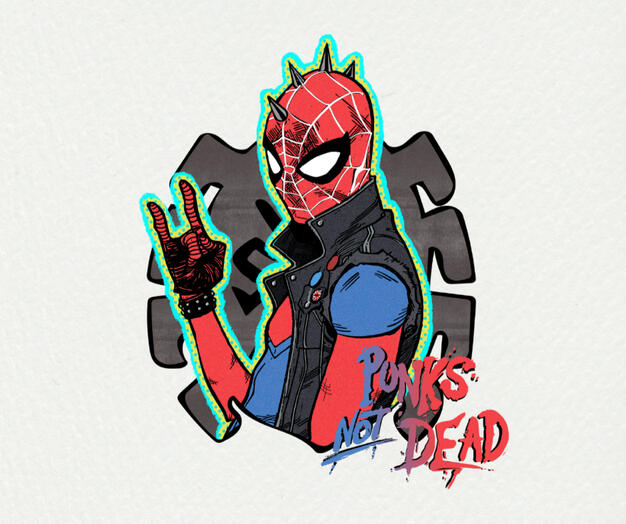 Spiderpunk character illustration featuring a rebellious, graffiti-style superhero with punk fashion, vibrant colors, and a dynamic pose inspired by the Spider-Man universe