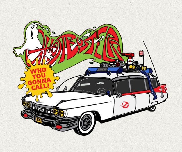 Illustration of the iconic Ghostbusters Ecto-1 car, detailed with its classic white body, red accents, and rooftop ghost-hunting equipment
