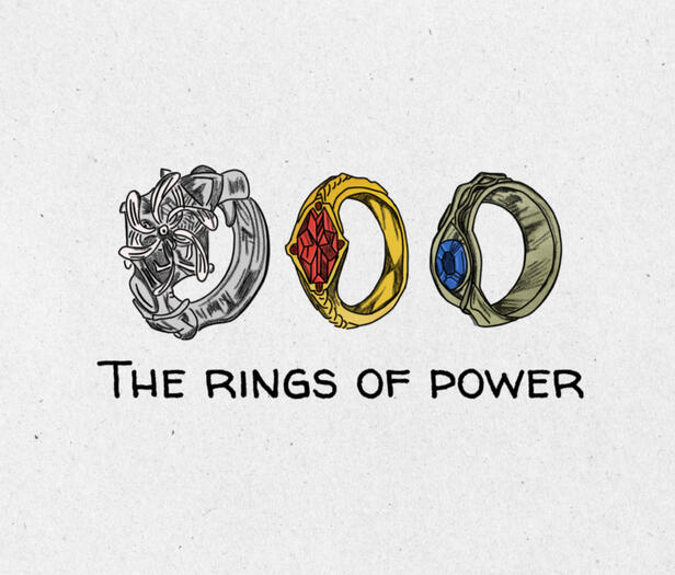 Illustration of the first three Elven rings from The Rings of Power series, featuring intricate designs with gold and silver bands, each set with vibrant colored gemstones—representing Nenya, Narya, and Vilya