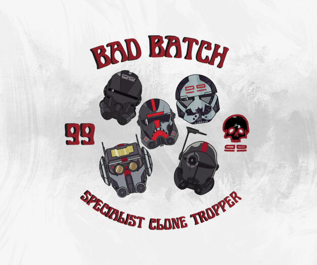 Fan art illustration of Star Wars: The Bad Batch featuring Clone Force 99 members in dynamic action poses, with detailed armor and a dark, atmospheric background