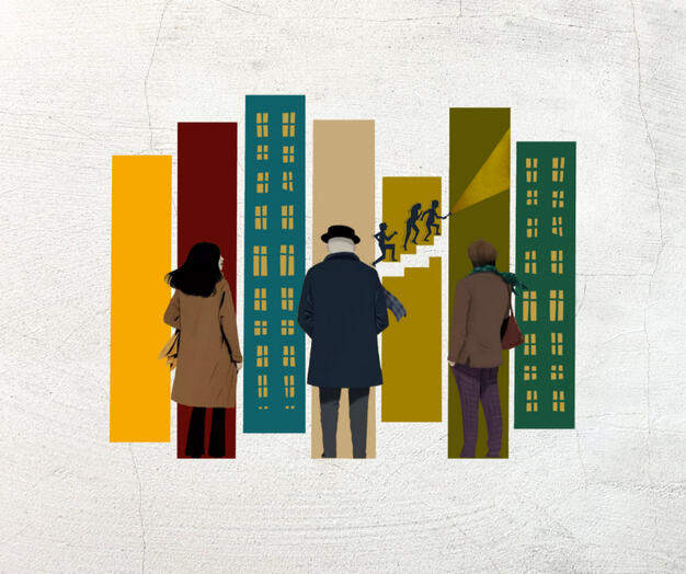 Illustration of the main characters from Only Murders in the Building: Charles, Oliver, and Mabel, posing together in a setting, inspired by the crime-comedy series