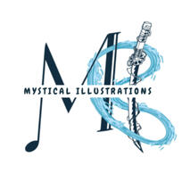 Mystical Illustrations logo featuring an artistic 'M' and 'I' design, blending a musical note and a katana with flowing water, symbolizing creativity and fantasy